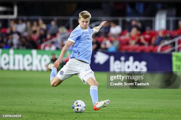 May 18: Keaton Parks of New York City FC kicks the ball against D.C. United during the first half of the MLS game at Audi Field on May 18, 2022 in...