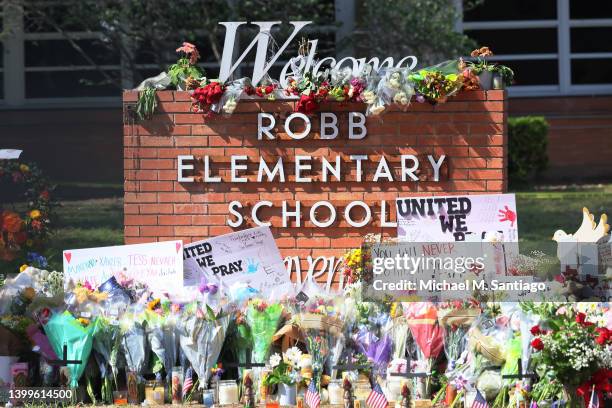 Memorial for victims of Tuesday's mass shooting at Robb Elementary School is seen on May 27, 2022 in Uvalde, Texas. Steven C. McCraw, Director and...