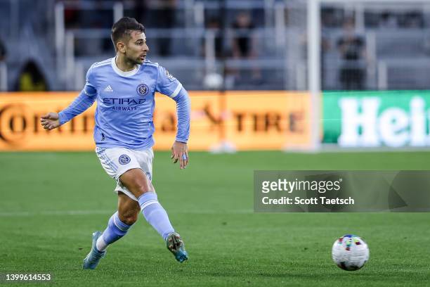 May 18: Nicolás Acevedo of New York City FC kicks the ball against D.C. United during the first half of the MLS game at Audi Field on May 18, 2022 in...