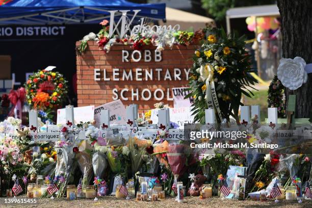 Memorial for the victim's of Tuesday's mass shooting at Robb Elementary School is seen on May 27, 2022 in Uvalde, Texas. Steven C. McCraw, Director...