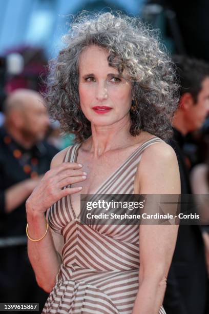 Andie MacDowell attends the screening of "Mother And Son " during the 75th annual Cannes film festival at Palais des Festivals on May 27, 2022 in...