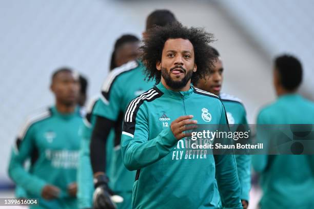 Marcelo of Real Madrid looks on during the Real Madrid Training Session at Stade de France on May 27, 2022 in Paris, France. Real Madrid will face...