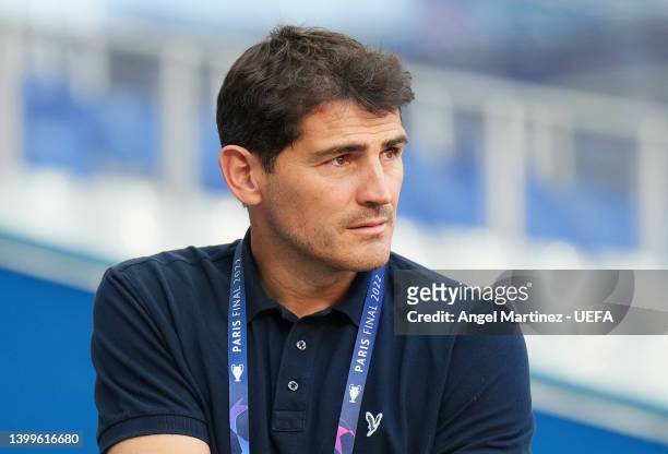 Iker Casillas, former Real Madrid player looks on during the Real Madrid Training Session at Stade de France on May 27, 2022 in Paris, France. Real...