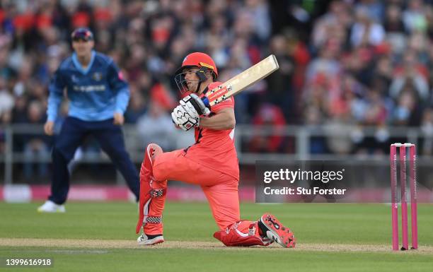 Lightning batsman Phil Salt hits out during the Vitality T20 Blast match between Lancashire Lightning and Yorkshire Vikings at Emirates Old Trafford...