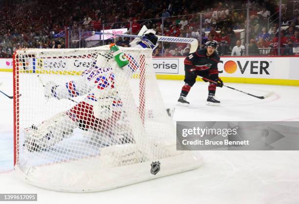Teuvo Teravainen of the Carolina Hurricanes scores on Igor Shesterkin of the New York Rangers in Game Five of the Second Round of the 2022 Stanley...