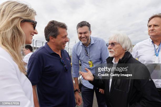 Bernie Ecclestone speaks with Guiga Spinelli CEO of Velocitta during a visit to the Velocitta racetrack for a Stock Car and Formula 4 race on May 15,...