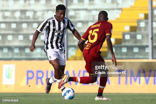 Ange Josue’ Chibozo of Juventus FC is challenged by Codou Maissa Ndiaye “Ndiaye” of AS Roma during the Primavera 1 Playoffs match between AS Roma U19...