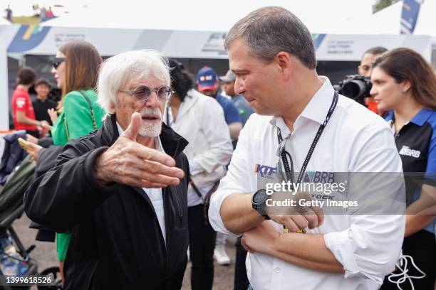 Bernie Ecclestone speaks to Paulo Henrique Bezerra Rodrigues Costa President of Bank of Brasilia during a visit to the Velocitta racetrack for a...