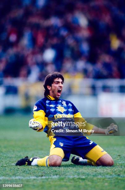 Gianluigi Buffon goalie for Parma Calico celebrating during a match against Inter Milan at Stadio Ennio Tardini on March 15th 1998 in Parma, Italy.