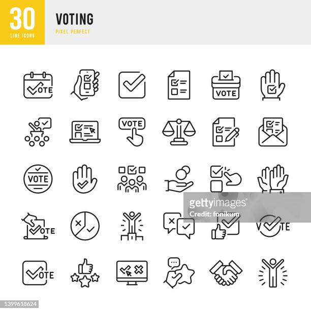 voting - thin line vector icon set. 30 icons. pixel perfect. the set contains icons: voting, election, law, hand raised, voting ballot, choice, campaign button, charitable donation, electronic voting, check mark, calendar date, questionnaire, mail voting. - voting by mail stock illustrations