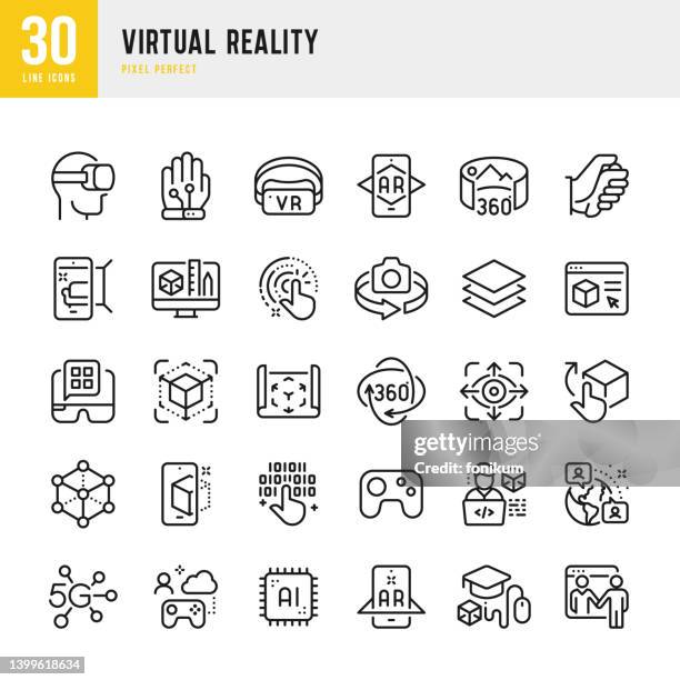 virtual reality - thin line vector icon set. 30 icons. pixel perfect. the set contains icons: virtual reality simulator, augmented reality, smart glasses, metaverse, joystick, graphic designer, 5g, computer chip, cloud computing. - 360 度景象 幅插畫檔、美工圖案、卡通及圖標