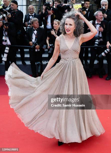 Andie MacDowell attends the screening of "Mother And Son " during the 75th annual Cannes film festival at Palais des Festivals on May 27, 2022 in...