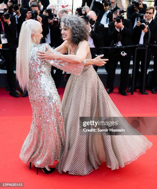 Andie MacDowell and Helen Mirren attend the screening of "Mother And Son " during the 75th annual Cannes film festival at Palais des Festivals on May...