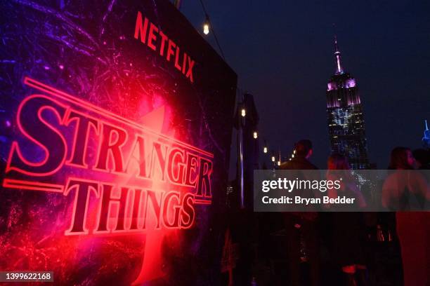 Signage and projections on the Empire State Building are seen at the Stranger Things VIP Event at 230 5th Ave on May 26, 2022 in New York City.