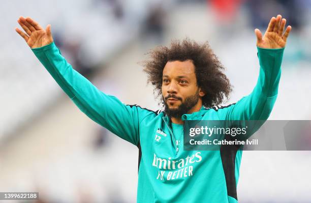 Marcelo of Real Madrid reacts during the Real Madrid Training Session at Stade de France on May 27, 2022 in Paris, France. Real Madrid will face...