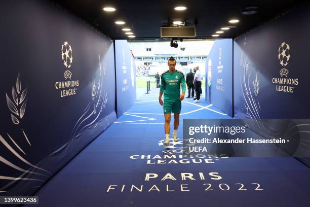 Gareth Bale of Real Madrid walks down the tunnel during the Real Madrid Training Session at Stade de France on May 27, 2022 in Paris, France. Real...