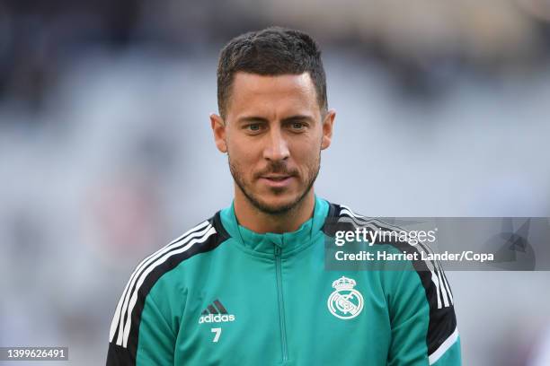 Eden Hazard of Real Madrid looks on during a Real Madrid training session at Stade de France on May 27, 2022 in Paris, France. Real Madrid will face...