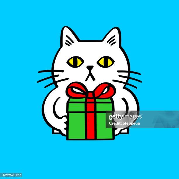 white cat giving gift - cat in box stock illustrations