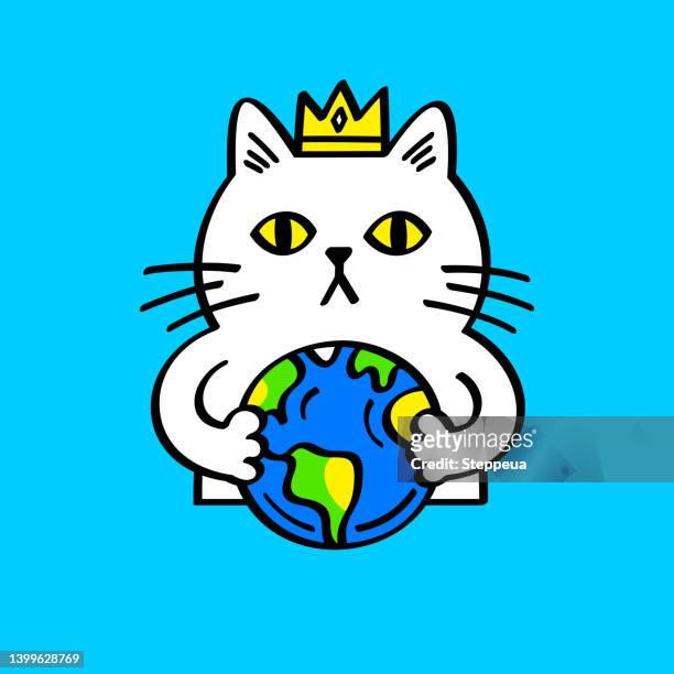 white cat with a crown holding the earth - outer space logo stock illustrations