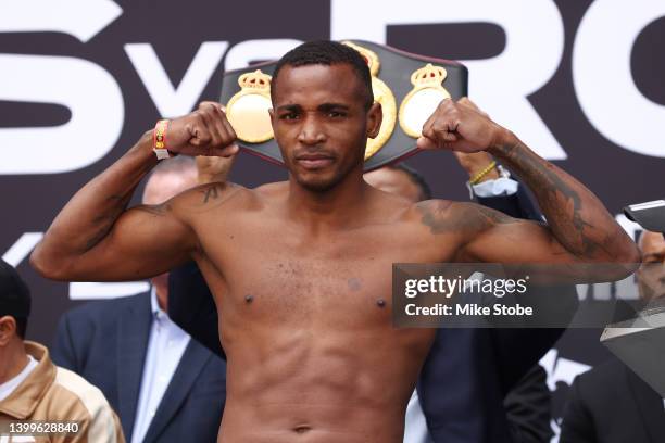 Erislandy Lara pose during his official weigh-in at Barclays Center on May 27, 2022 in Brooklyn, New York.