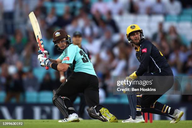 Ollie Pope of Surrey in action during the Vitality T20 Blast match between Surrey and Glamorgan at The Kia Oval on May 27, 2022 in London, England.