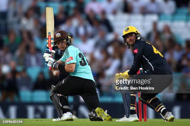 Ollie Pope of Surrey in action during the Vitality T20 Blast match between Surrey and Glamorgan at The Kia Oval on May 27, 2022 in London, England.