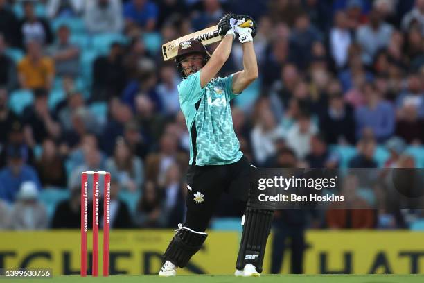 Laurie Evans of Surrey in action during the Vitality T20 Blast match between Surrey and Glamorgan at The Kia Oval on May 27, 2022 in London, England.