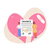 Ex-wife and ex-husband sign agreement divorce document and property divison. Matrimonial law, scales of justice, taring prenuptial agreement. Legal side of family breakdown. Flat vectr illustration
