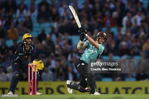 Sam Curran of Surrey in action during the Vitality T20 Blast match between Surrey and Glamorgan at The Kia Oval on May 27, 2022 in London, England.