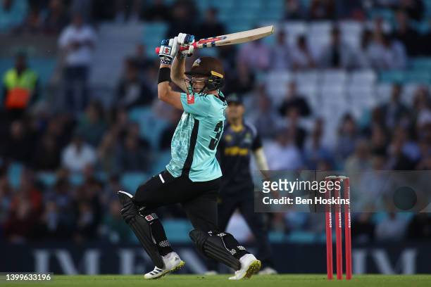 Sam Curran of Surrey in action during the Vitality T20 Blast match between Surrey and Glamorgan at The Kia Oval on May 27, 2022 in London, England.