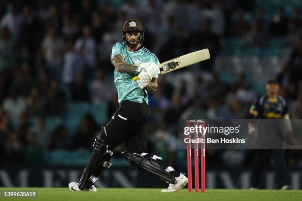 Jordan Clark of Surrey in action during the Vitality T20 Blast match between Surrey and Glamorgan at The Kia Oval on May 27, 2022 in London, England.