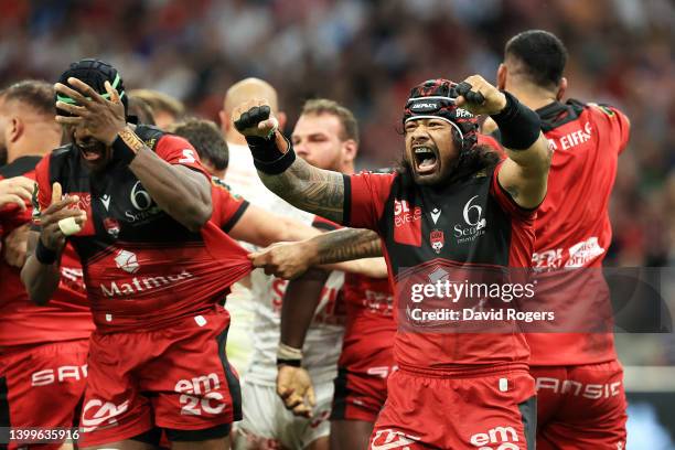 Jordan Taufua of Lyon celebrates during the EPCR Challenge Cup Final match between Lyon and RC Toulon at Stade Velodrome on May 27, 2022 in...