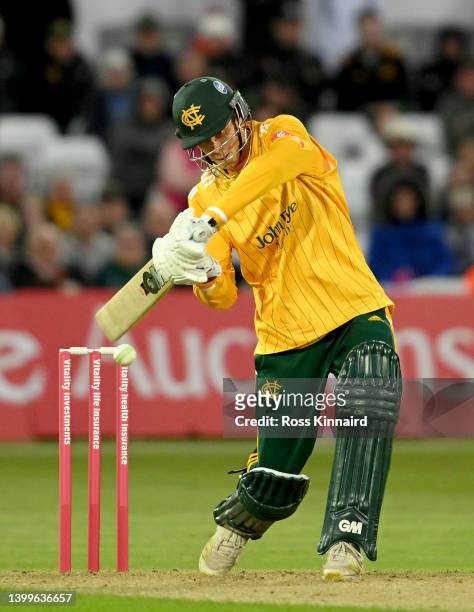 Calvin Harrison of Notts Outlaws hits the winning runs during the Vitality T20 Blast game between Notts Outlaws and Worcestershire Rapids at Trent...