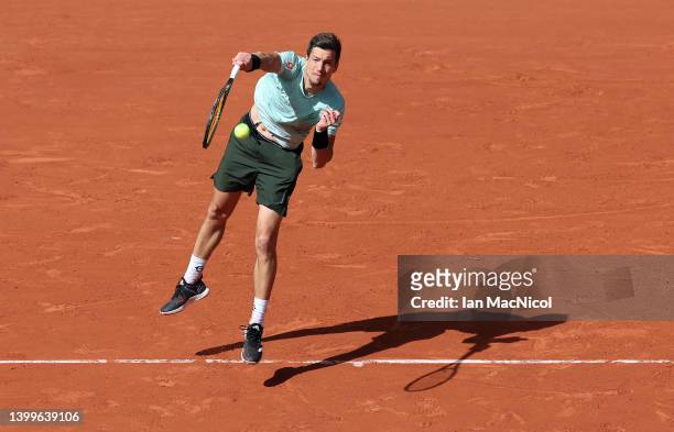 Aljaz Bedene of Slovenia is seen in action against Novak Djokovic of Serbia in the third round match at Roland Garros on May 27, 2022 in Paris,...