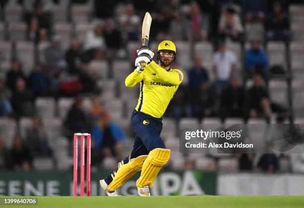 Ross Whiteley of Hampshire hits out during the Vitality T20 Blast match between Hampshire Hawks and Middlesex at The Ageas Bowl on May 27, 2022 in...