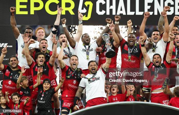 Jordan Taufua of Lyon lifts the EPCR Challenge Cup following their side's victory in the EPCR Challenge Cup Final match between Lyon and RC Toulon at...