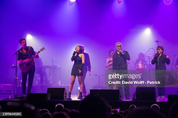 Manu Lanvin, Zhané Lanvin, Gérard Lanvin and Dani perform at l' Olympia on May 27, 2022 in Paris, France.