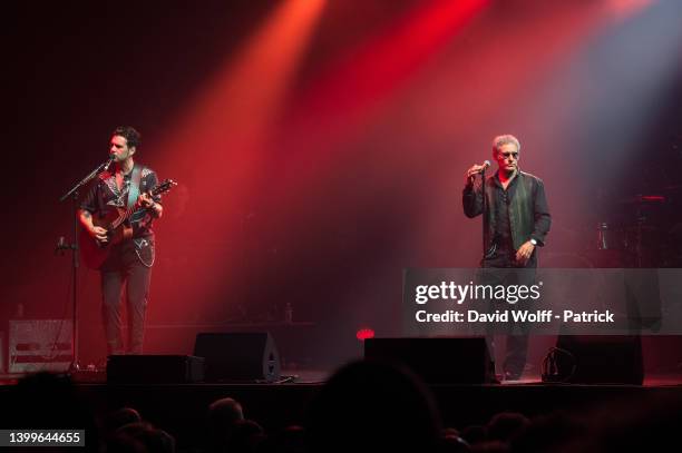 Gérard Lanvin performs with his son Manu Lanvin at l' Olympia on May 27, 2022 in Paris, France.