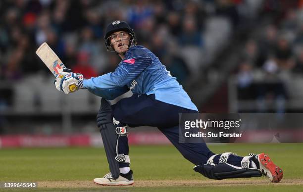 Vikings batsman Harry Brook hits out during the Vitality T20 Blast match between Lancashire Lightning and Yorkshire Vikings at Emirates Old Trafford...