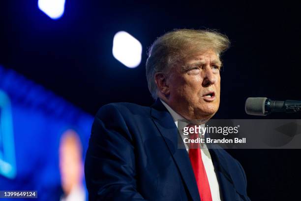 Former U.S. President Donald Trump speaks at the George R. Brown Convention Center during the National Rifle Association annual convention on May 27,...