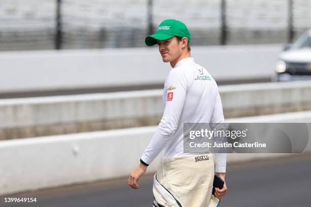 Callum Ilott of United Kingdom and Juncos Hollinger Racing looks on before the 2022 Indianapolis 500 Carb Day at Indianapolis Motor Speedway on May...