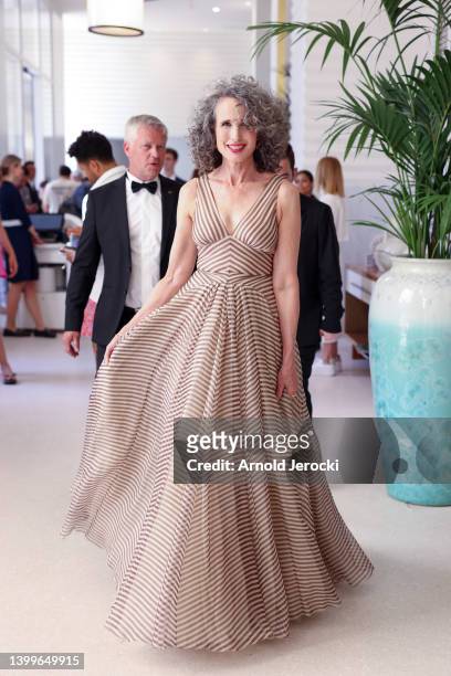 Andie MacDowell is seen at the Martinez Hotel during the 75th annual Cannes film festival at on May 27, 2022 in Cannes, France.