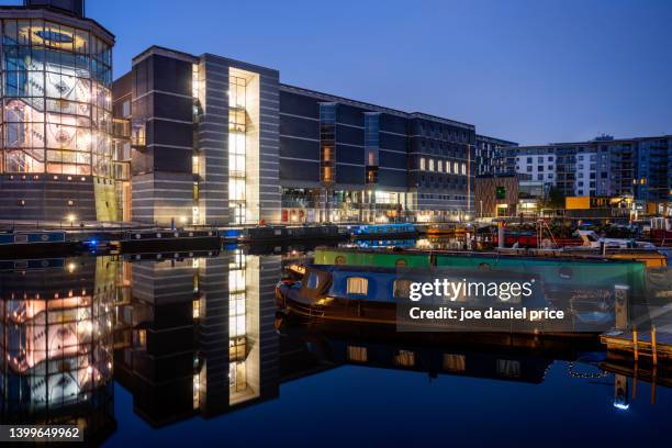 early morning, narrowboats, leeds dock, leeds, england - leeds canal stock pictures, royalty-free photos & images