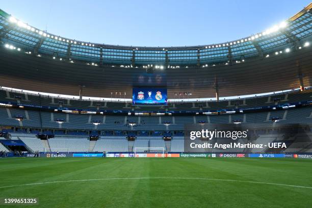General view inside the stadium at Stade de France on May 27, 2022 in Paris, France. Real Madrid will face Liverpool in the UEFA Champions League...