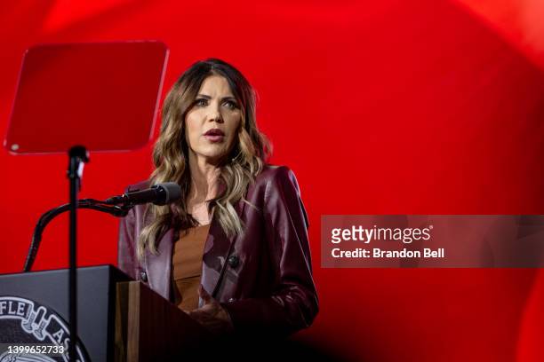 South Dakota Gov. Kristi Noem speaks during the National Rifle Association annual convention at the George R. Brown Convention Center on May 27, 2022...