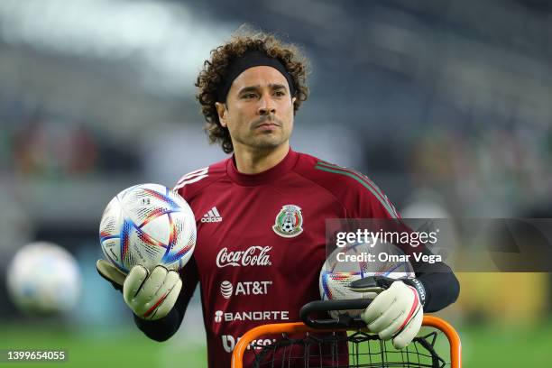 Goalkeeper Guillermo Ochoa looks on during a training session ahead of a match between Mexico and Nigeria at AT&T Stadium on May 27, 2022 in...