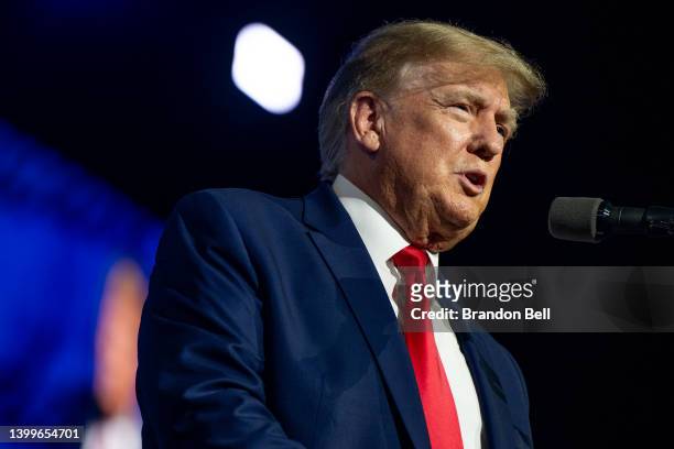 Former U.S. President Donald Trump speaks during the National Rifle Association annual convention at the George R. Brown Convention Center on May 27,...