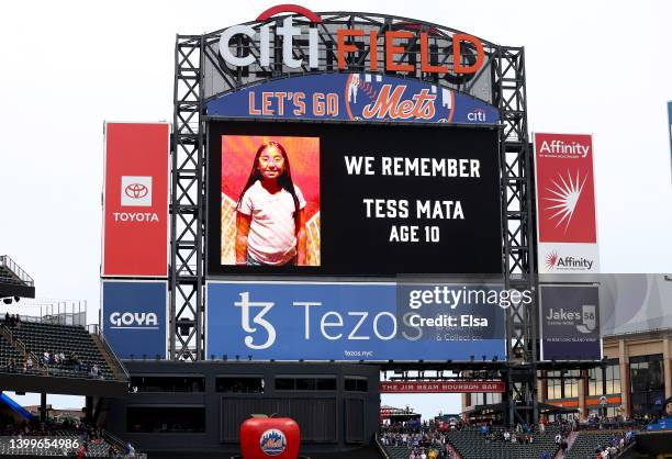 Tess Mata's name is displayed before the game between the New York Mets and the Philadelphia Phillies at Citi Field on May 27, 2022 in the Flushing...