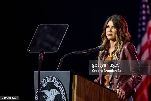 South Dakota Gov. Kristi Noem speaks during the National Rifle Association annual convention at the George R. Brown Convention Center on May 27, 2022...