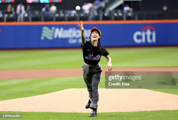 Michelle Zauner, lead singer of Japanese Breakfast, throws out the ceremonial first pitch before the game between the New York Mets and the...